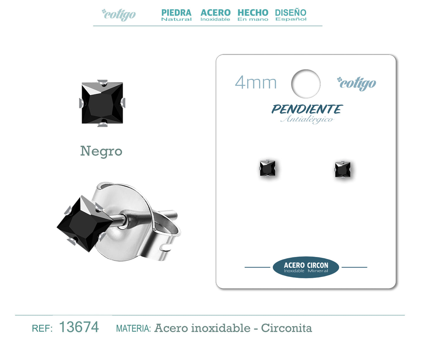 Pendiente Circonita Cuadrado-Negro-4mm-Base Acero Plateado