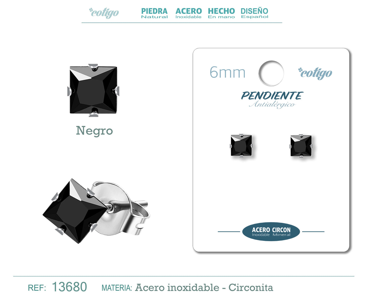 Pendiente Circonita Cuadrado-Negro-6mm-Base Acero Plateado