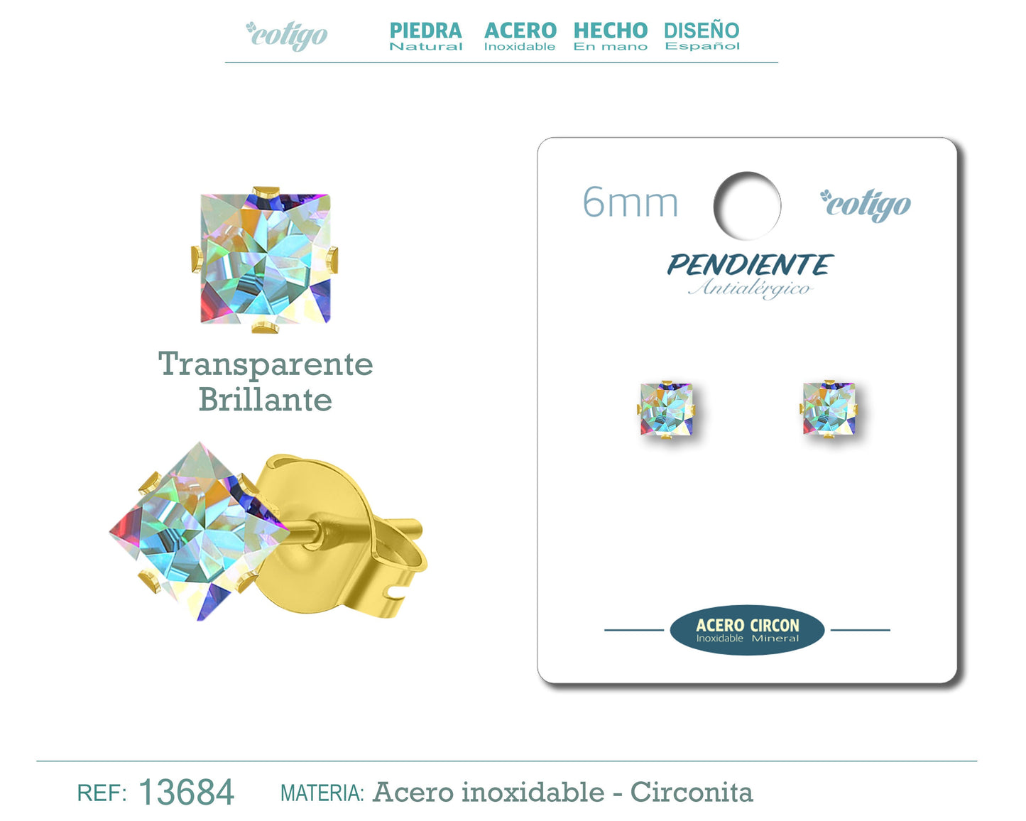 Pendiente Circonita Cuadrado-Transparente brillante-6mm-Base Acero Dorado