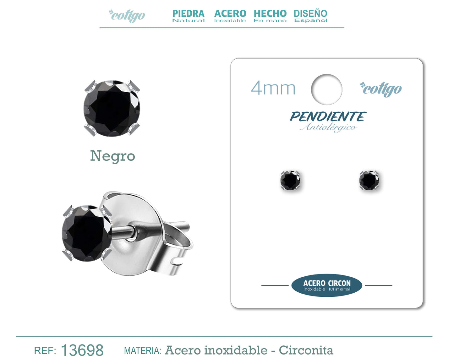 Pendiente Circonita Redondo-Negro-4mm-Base Acero Plateado