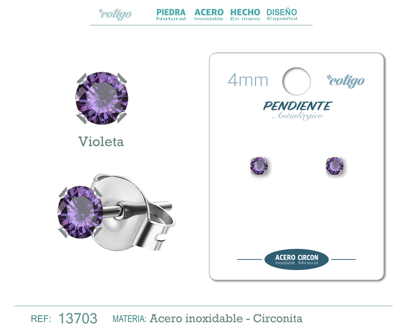 Pendiente Circonita Redondo-violeta-4mm-Base Acero Plateado