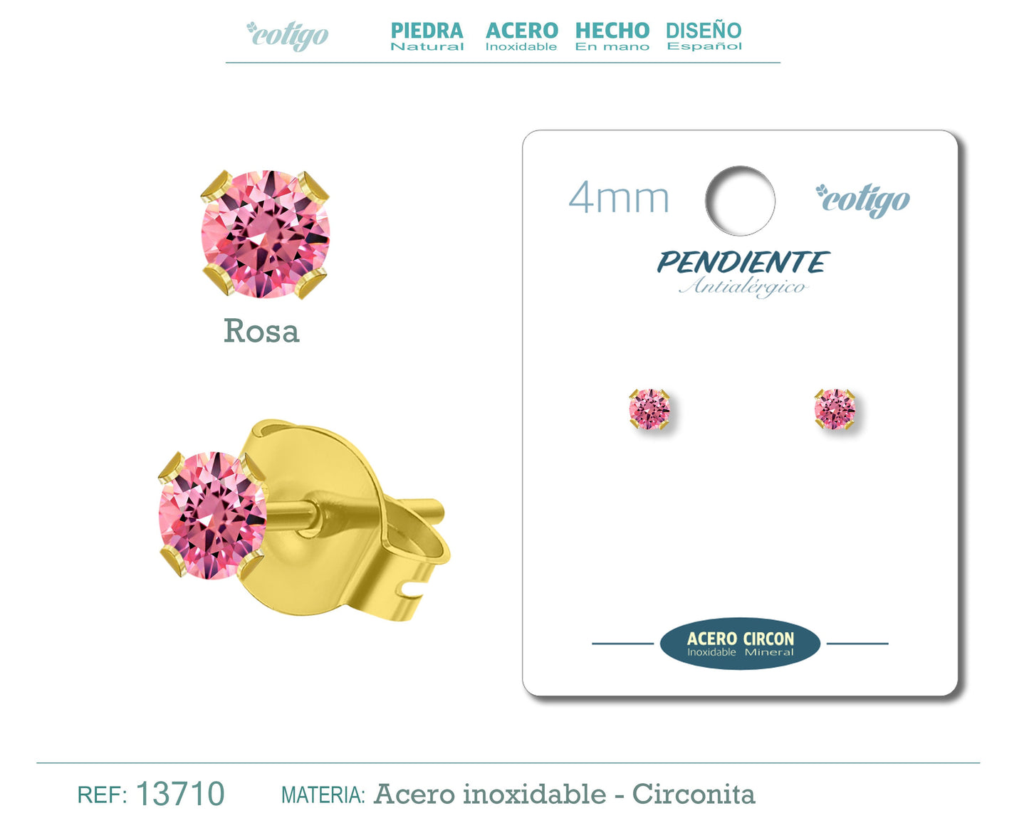 Pendiente Circonita Redondo-Rosa-4mm-Base Acero Dorado
