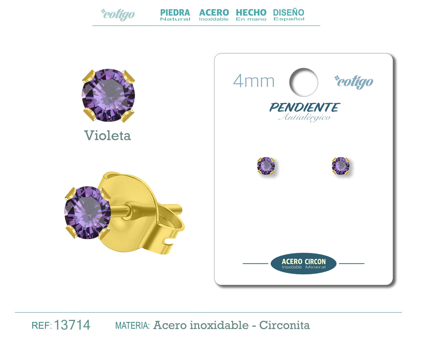 Pendiente Circonita Redondo-violeta-4mm-Base Acero Dorado