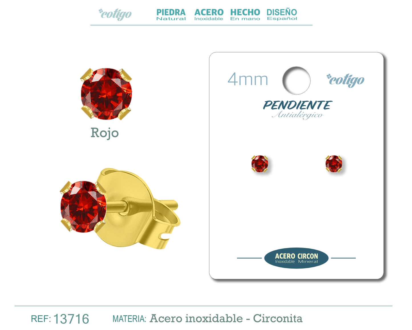 Pendiente Circonita Redondo-Rojo-4mm-Base Acero Dorado