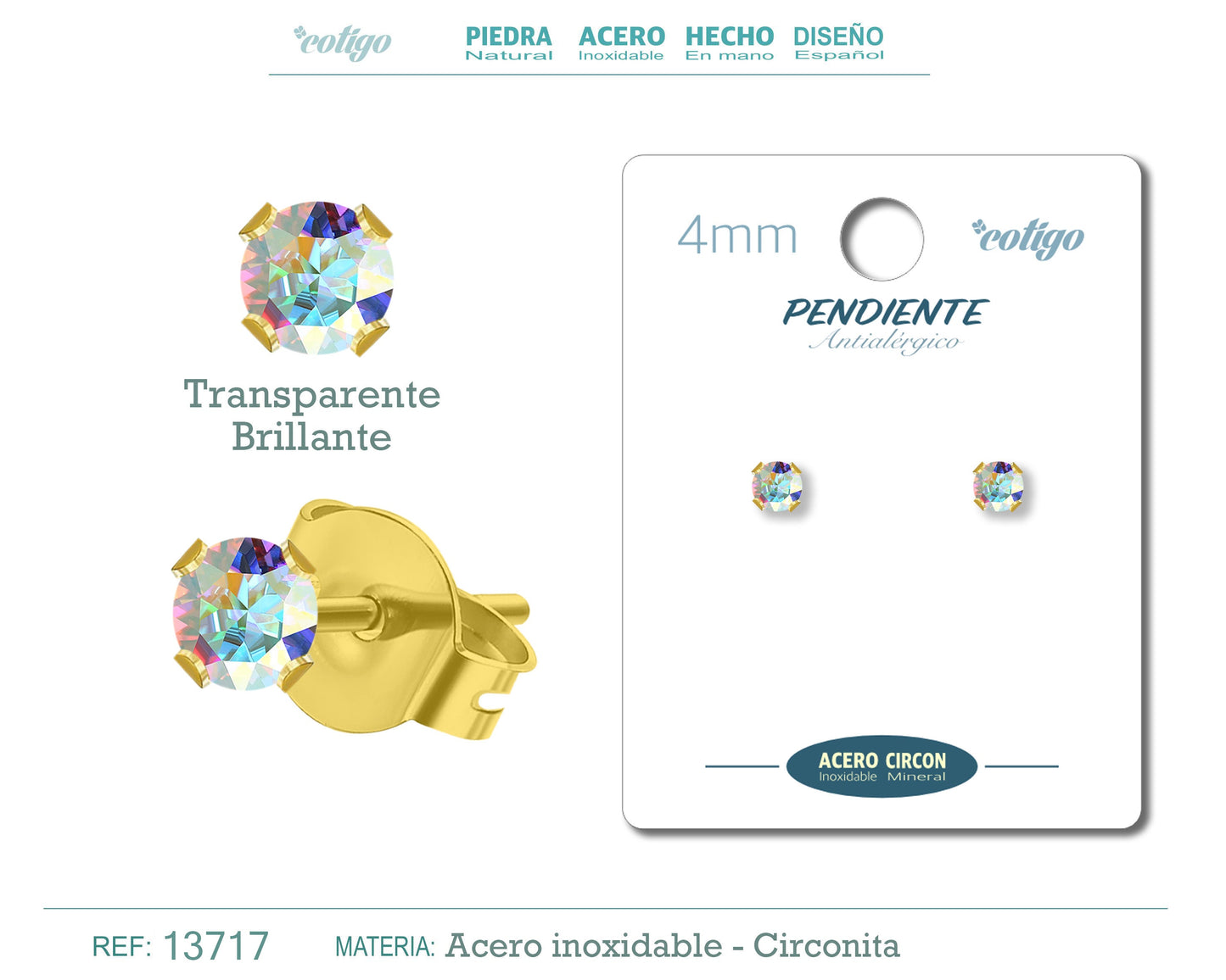 Pendiente Circonita Redondo-Transparente brillante-4mm-Base Acero Dorado