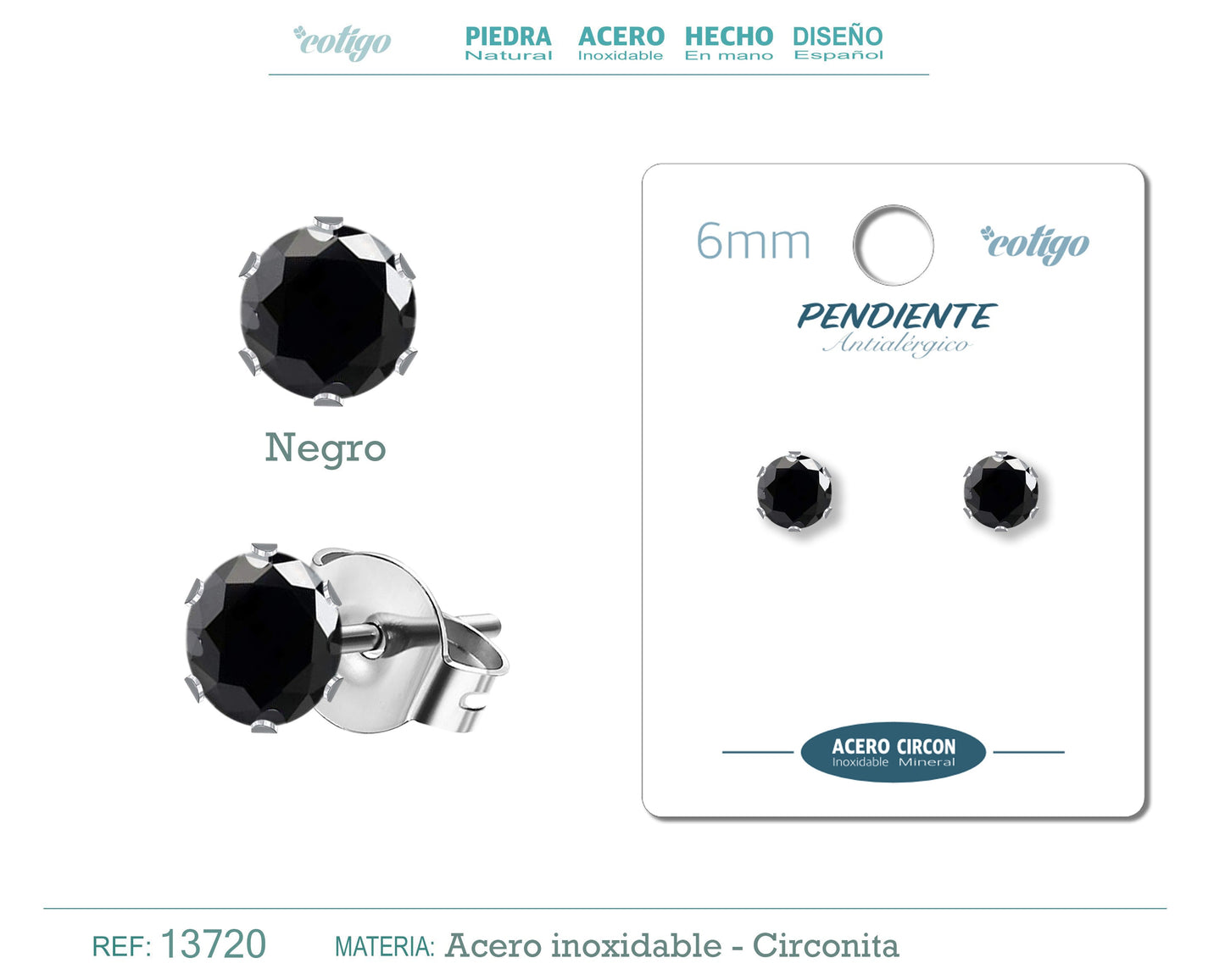 Pendiente Circonita Redondo-Negro-6mm-Base Acero Plateado