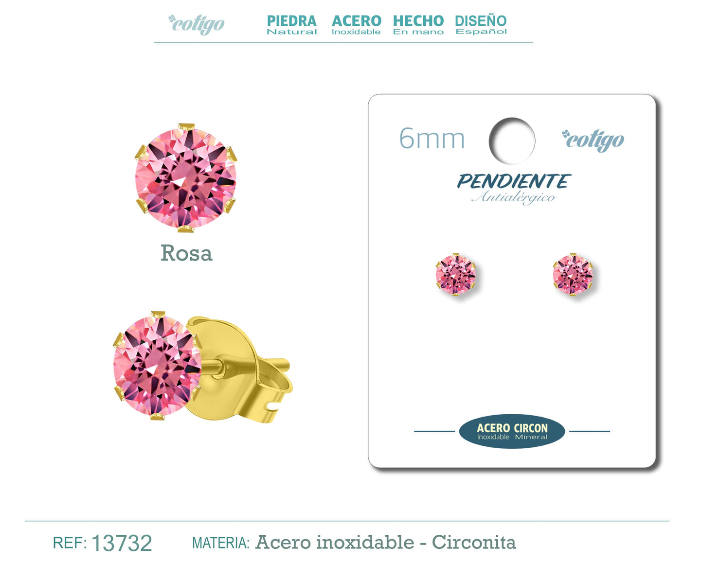 Pendiente Circonita Redondo-Rosa-6mm-Base Acero Dorado