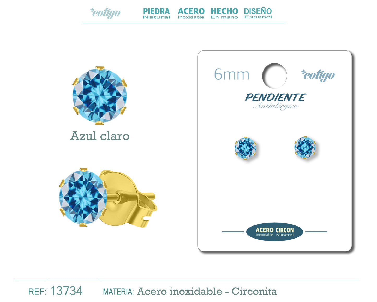 Pendiente Circonita Redondo-Azul claro-6mm-Base Acero Dorado
