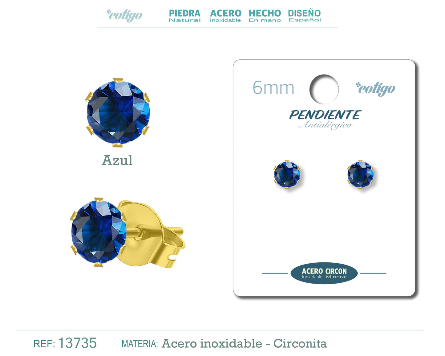Pendiente Circonita Redondo-Azul-6mm-Base Acero Dorado