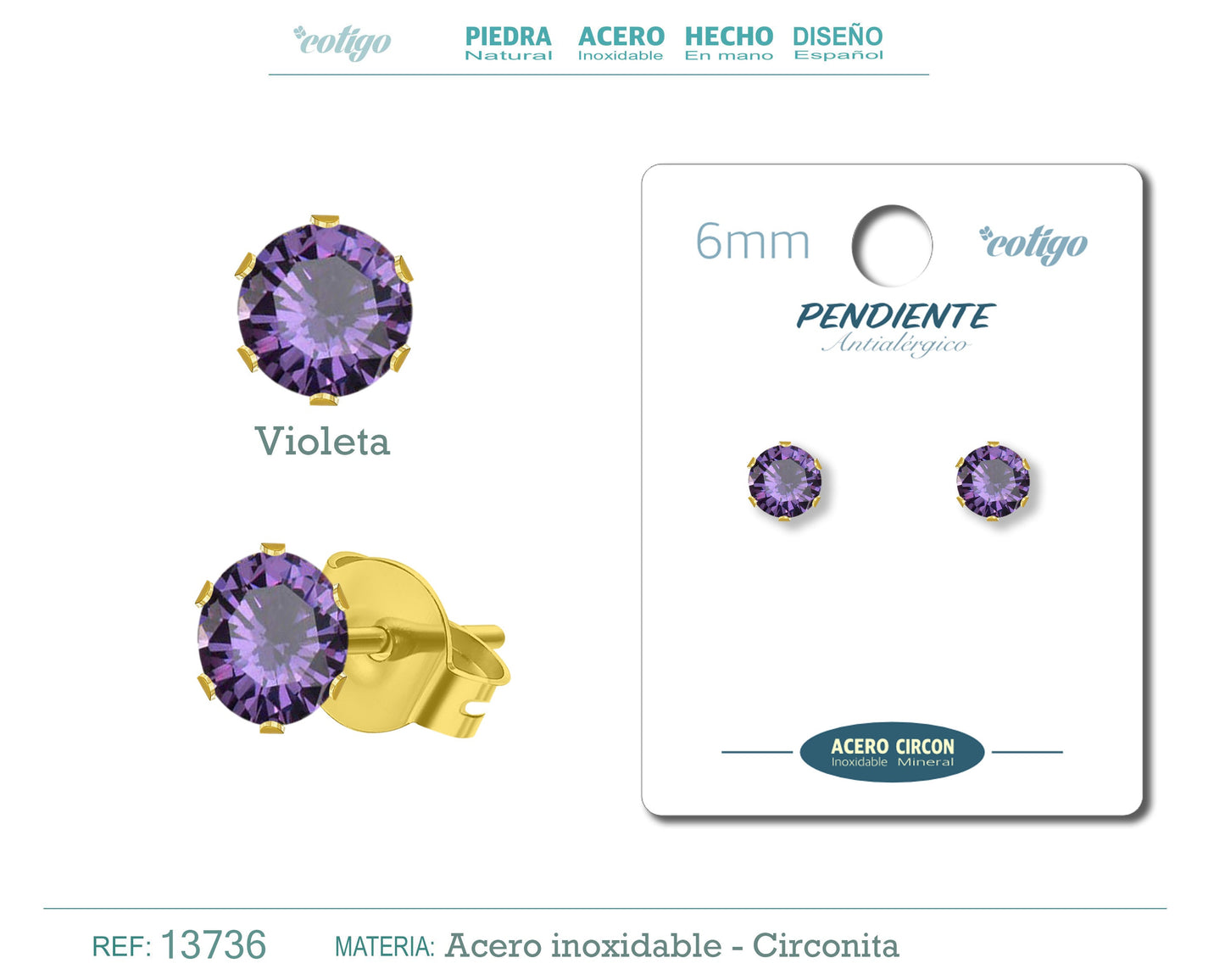 Pendiente Circonita Redondo-violeta-6mm-Base Acero Dorado