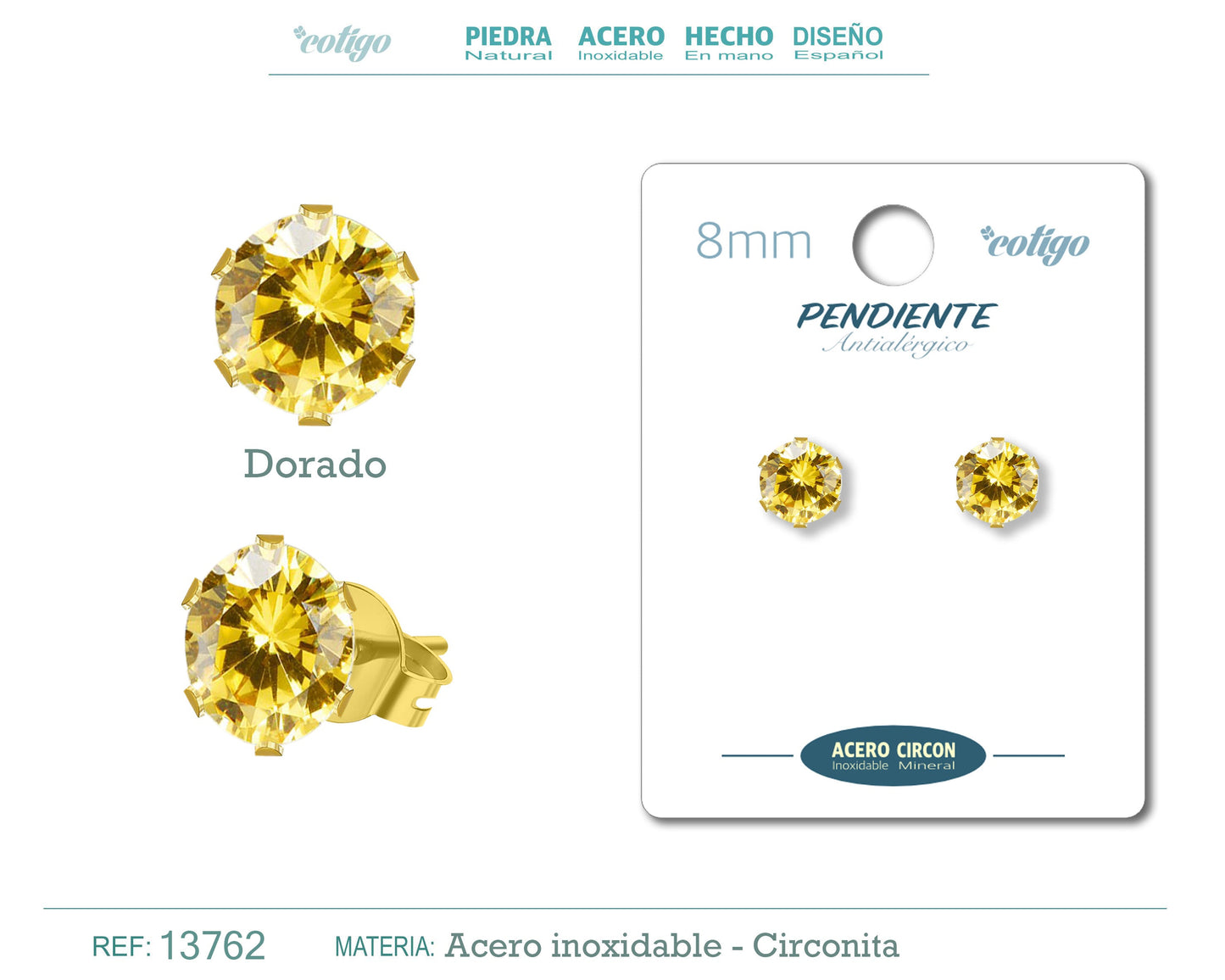 Pendiente Circonita Redondo-Dorado-8mm-Base Acero Dorado