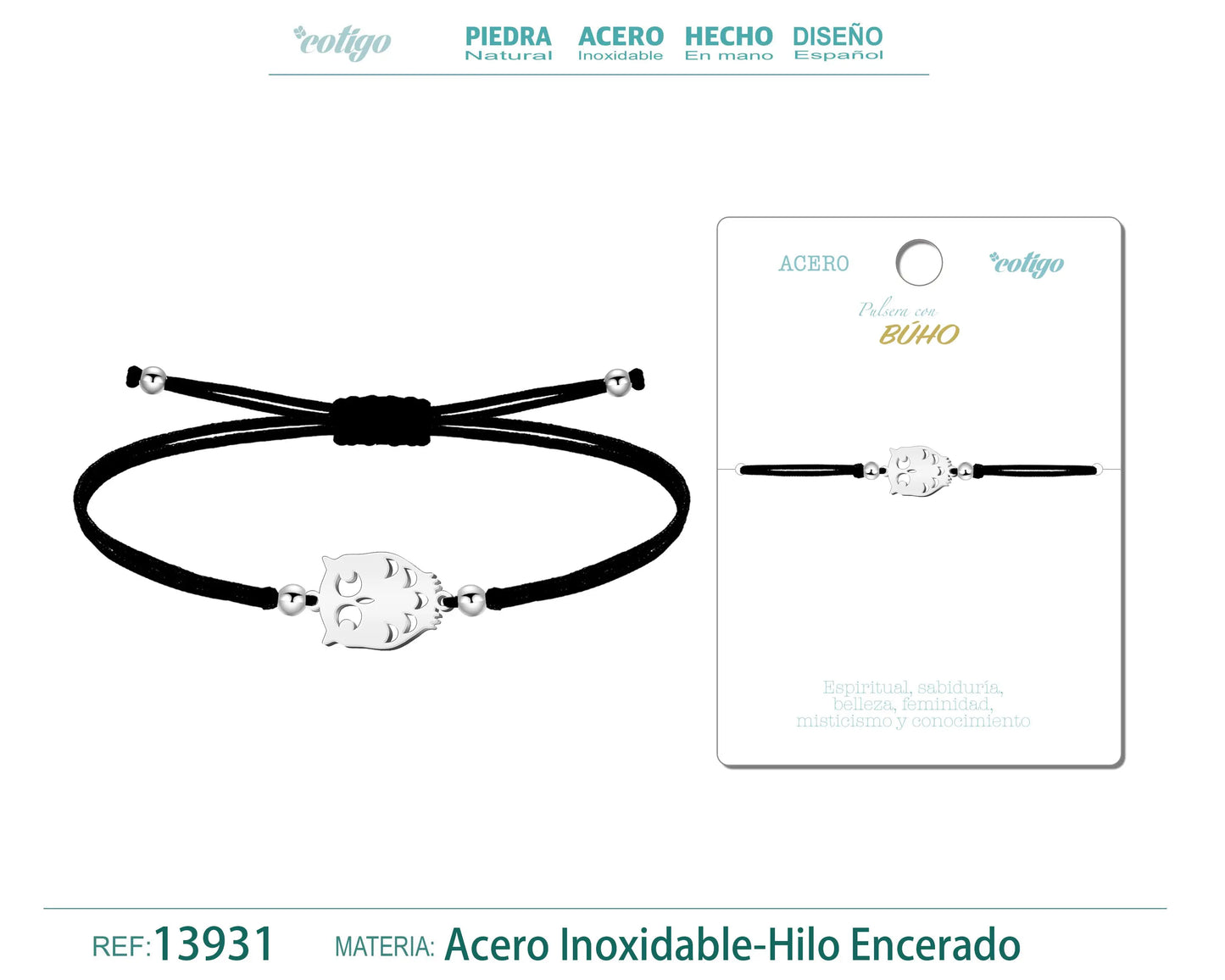 Pulsera Búho Plateado de Hilo En.Negro - cotigo