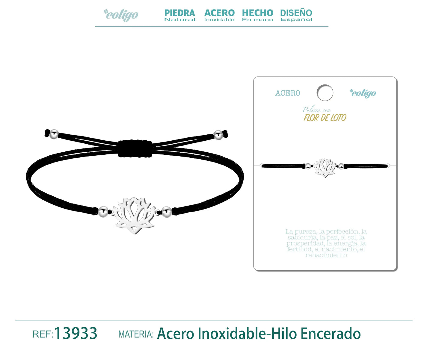 Pulsera Flor de Loto Plateado de Hilo En.Negro - cotigo