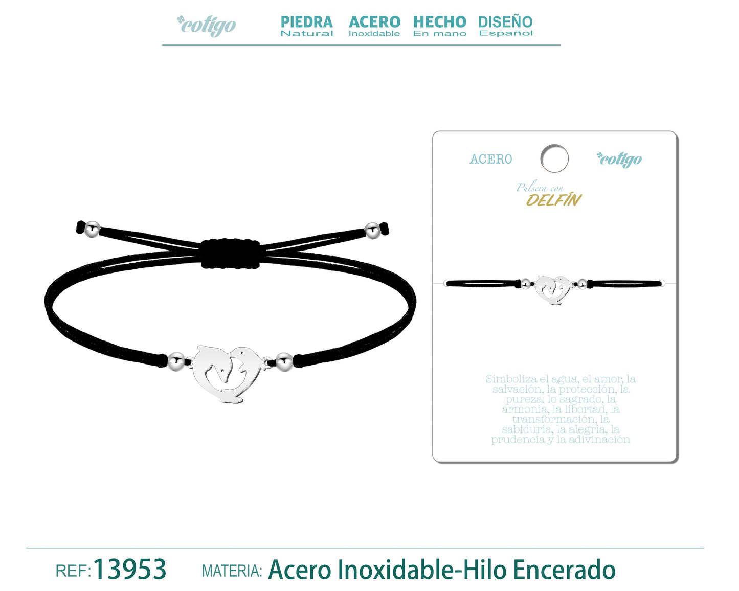 Pulsera Delfín Plateado de Hilo En.Negro