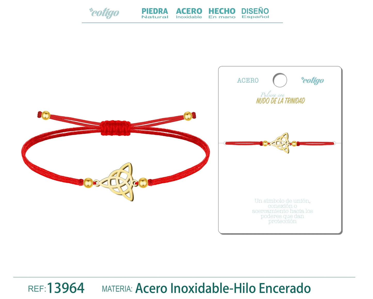 Pulsera Nudo de la Trinidad Dorado de Hilo En.Rojo - cotigo