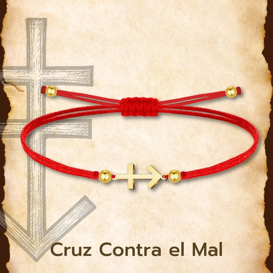 Pulsera Cruz contra el Mal Dorado de Hilo En.Rojo - cotigo