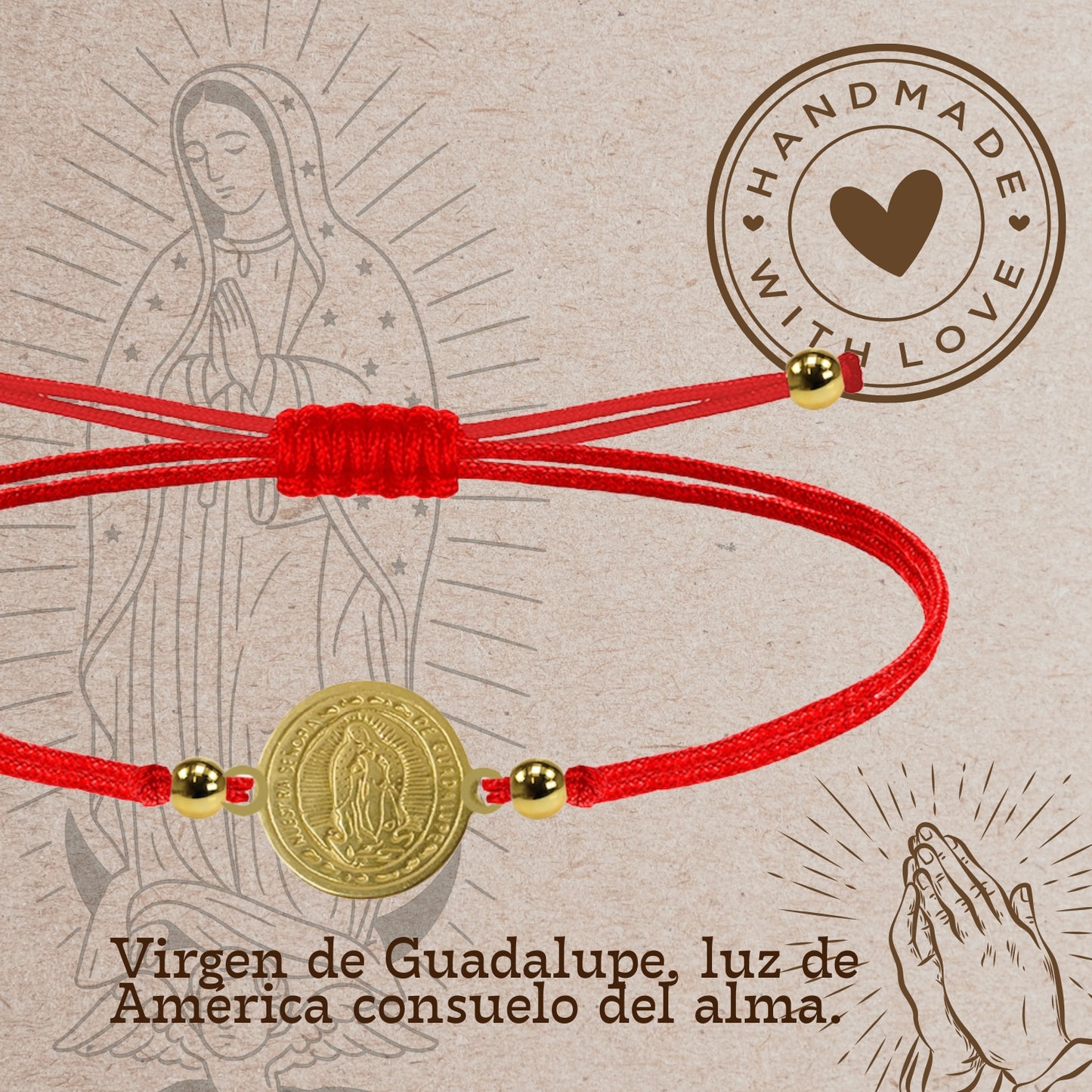 Pulsera Hilo encerado Rojo-Virgen Guadalupe Dorado