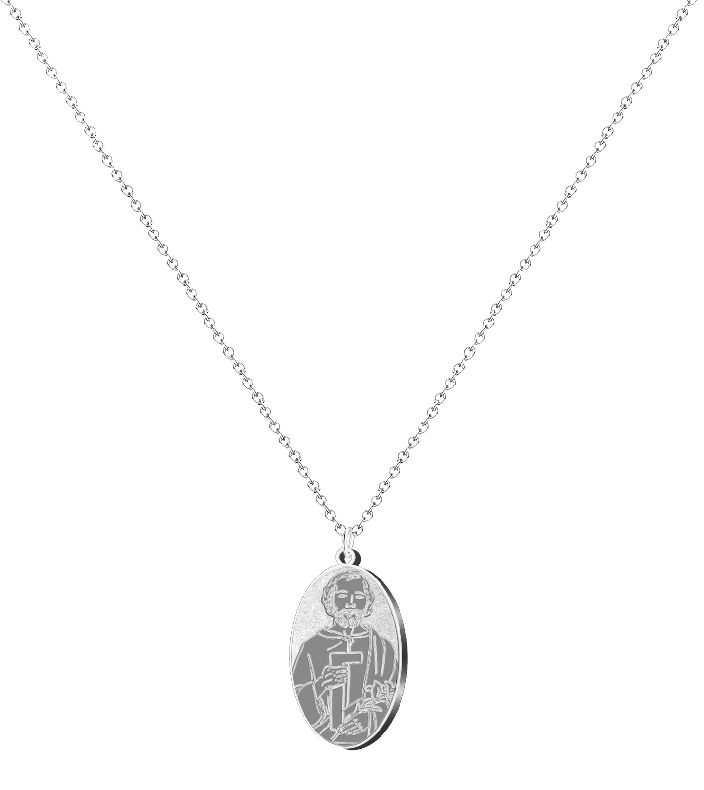 Colgante con medalla ovalada de San José Obrero en acero inoxidable, disponible en acabado plateado, mostrando al santo grabado con una escuadra de carpintero y un lirio.