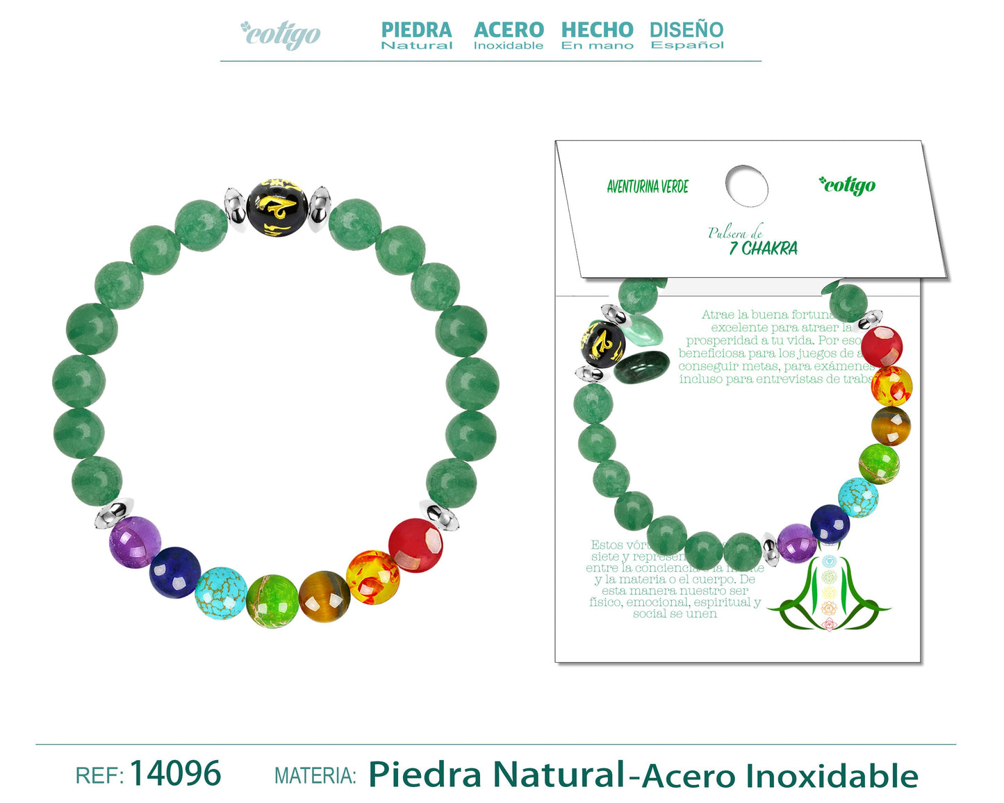 Pulsera 7 Chakras de Piedra natural Aventurina verde