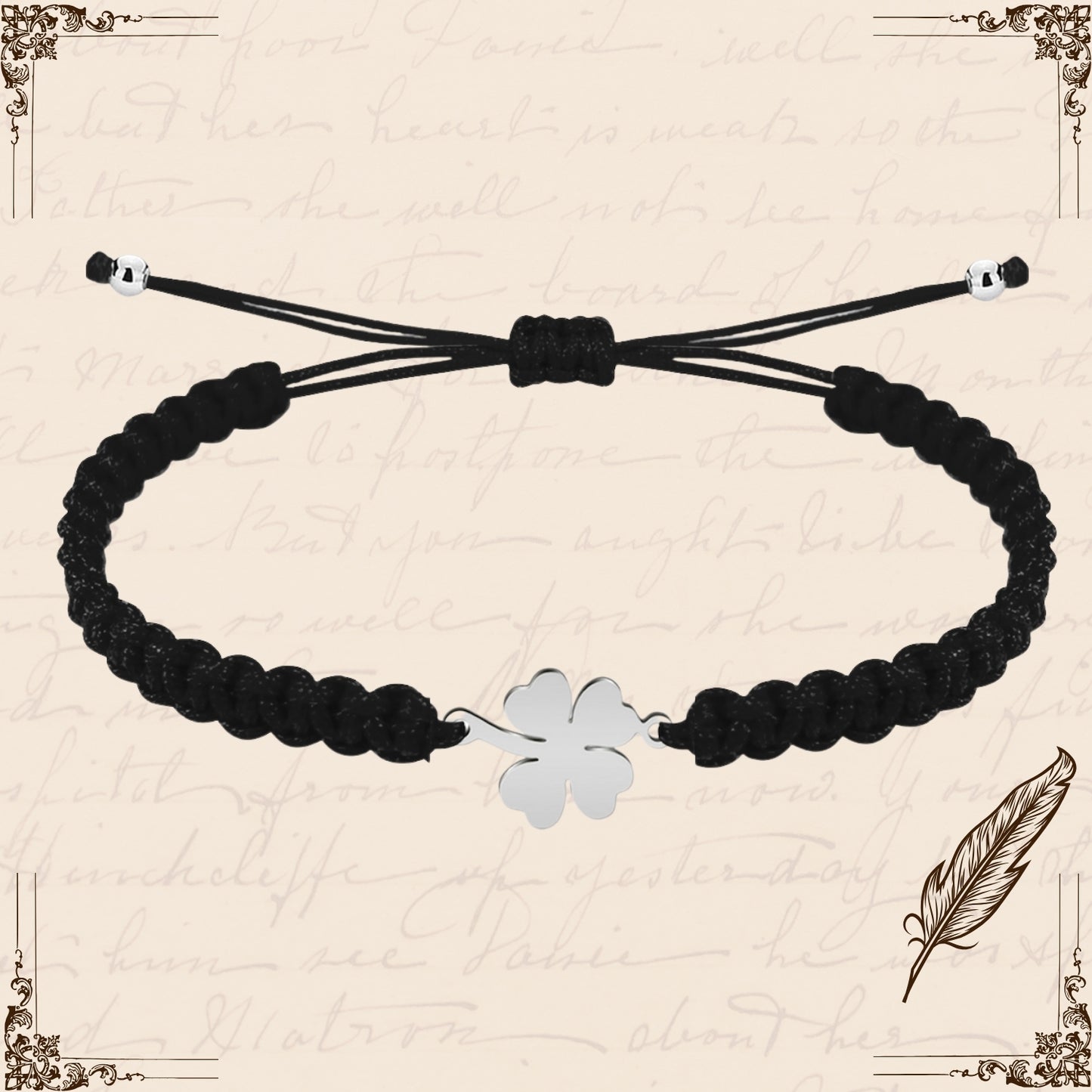 Pulsera Hilo Destino Negro-Trebol cuatro Hojas Plateado