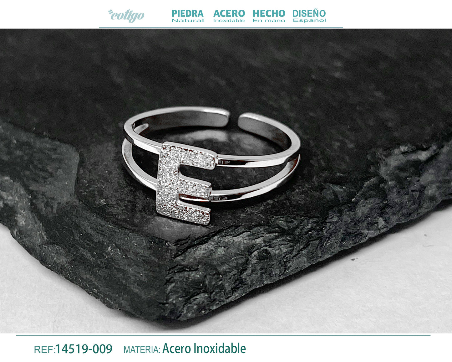 Anillo Acero Letra E color plateado