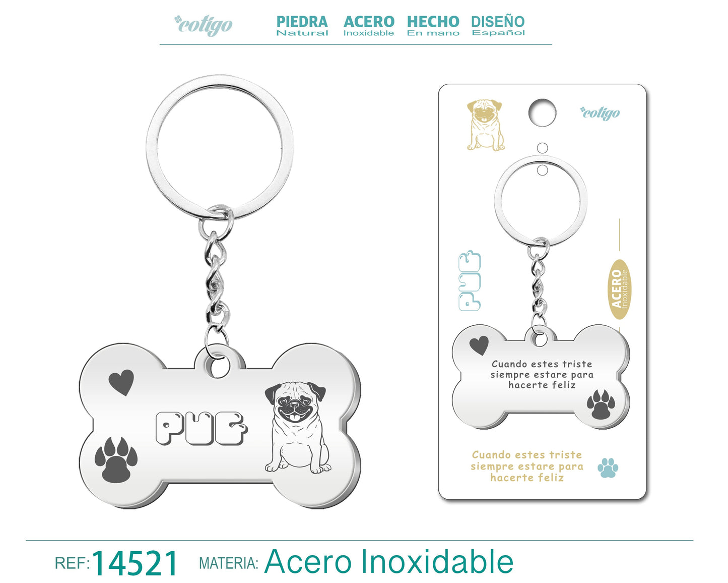 Llavero Acero de Perro Pug