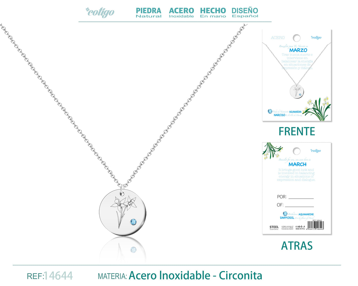 14644-Collar Acero para Nacimiento de Marzo Plateado