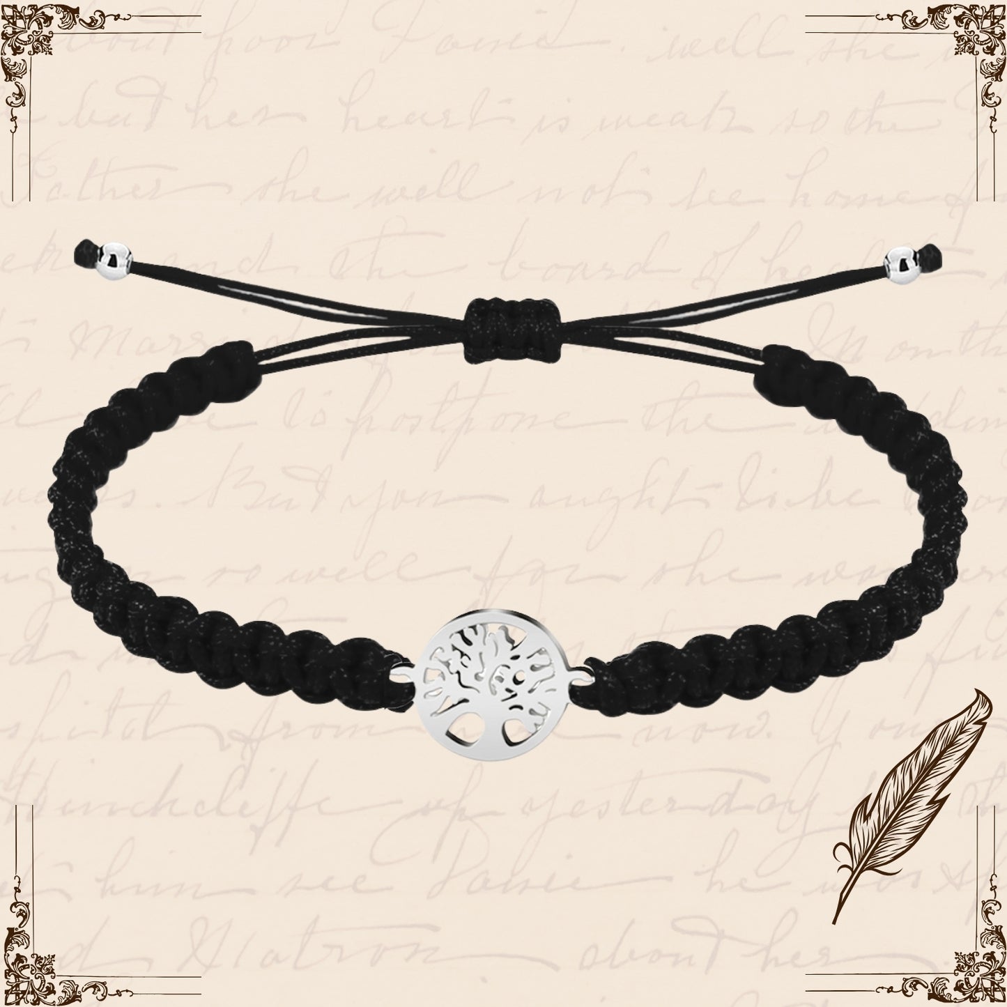 Pulsera Hilo Destino Negro-Arbol de Vida Plateado