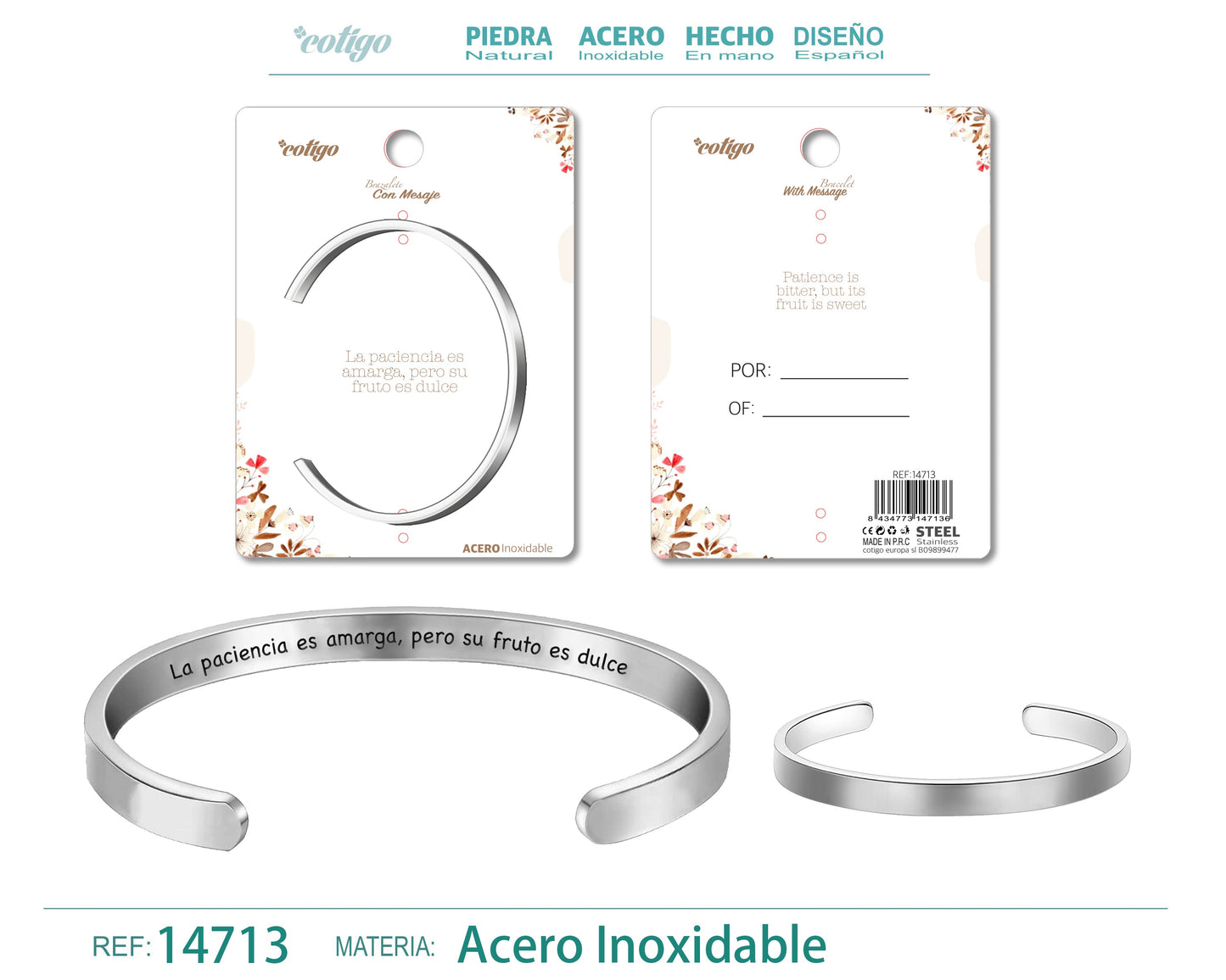 14713-Pulseira de aço com mensagem em espanhol