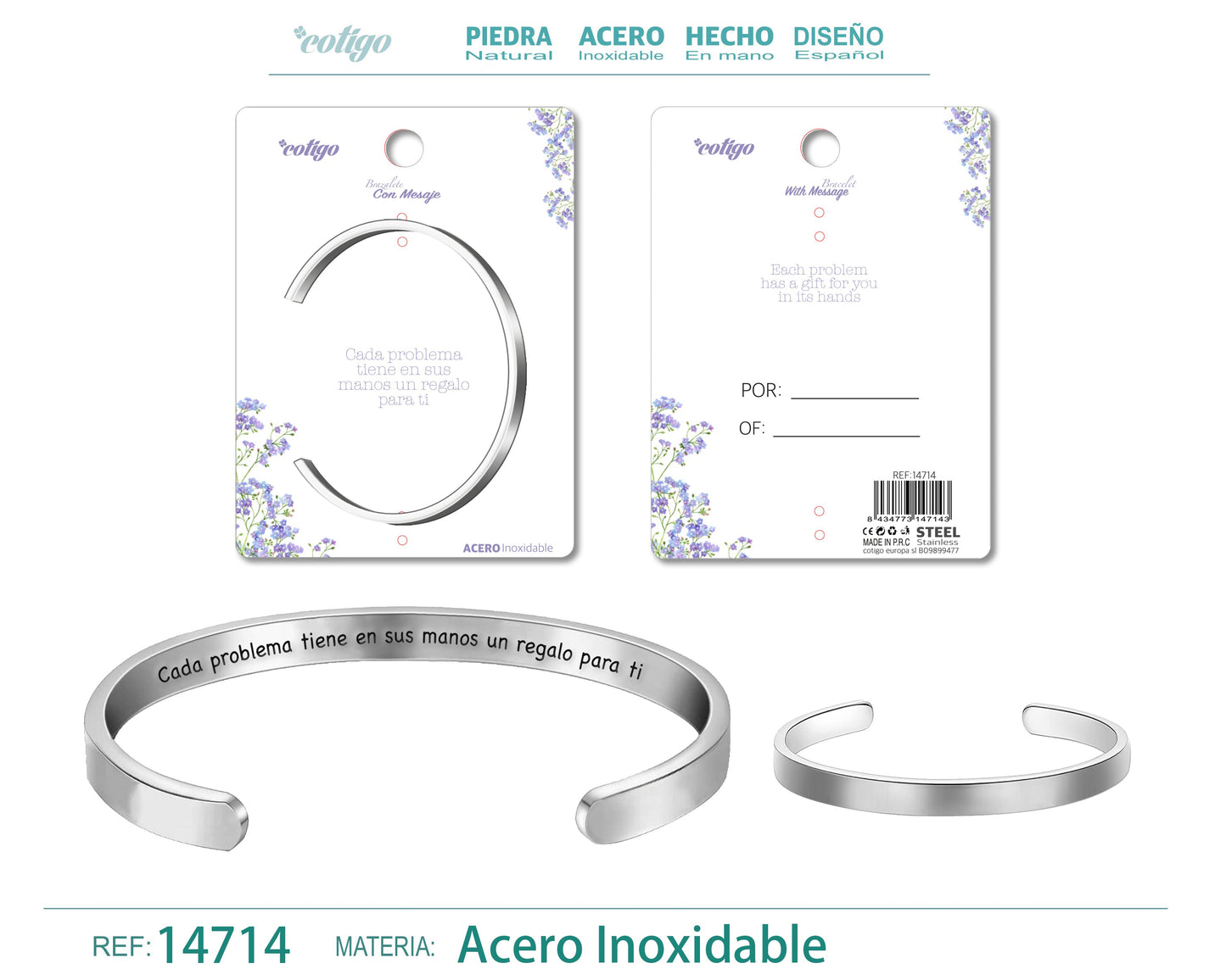 14714-Pulseira de aço com mensagem em espanhol