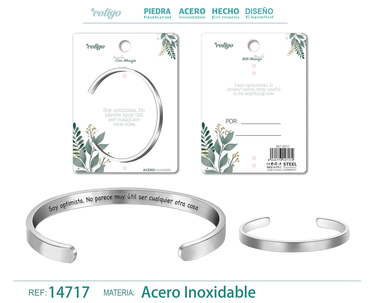 14717-Pulseira de aço com mensagem em espanhol