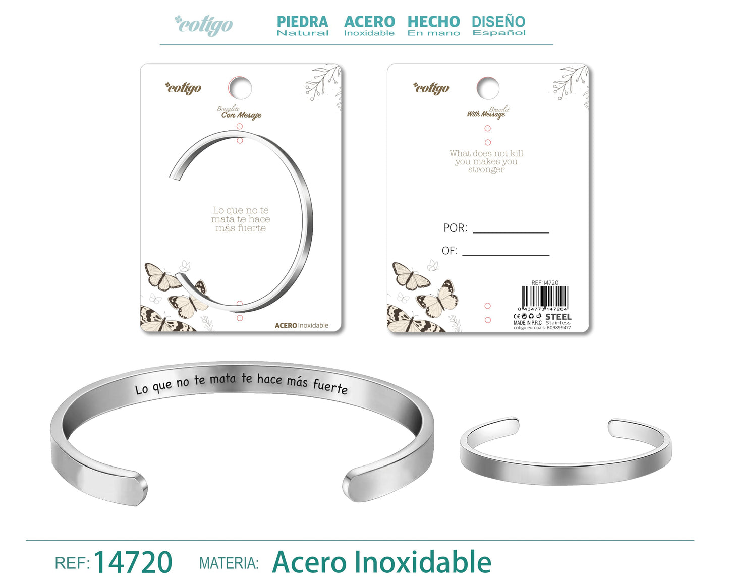 14720-Pulseira de aço com mensagem em espanhol