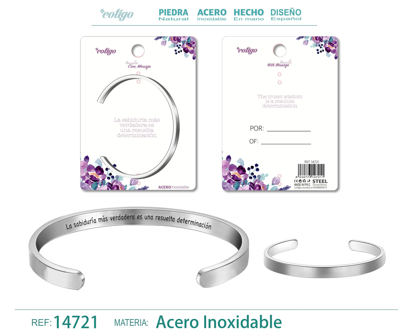14721-Pulseira de aço com mensagem em espanhol