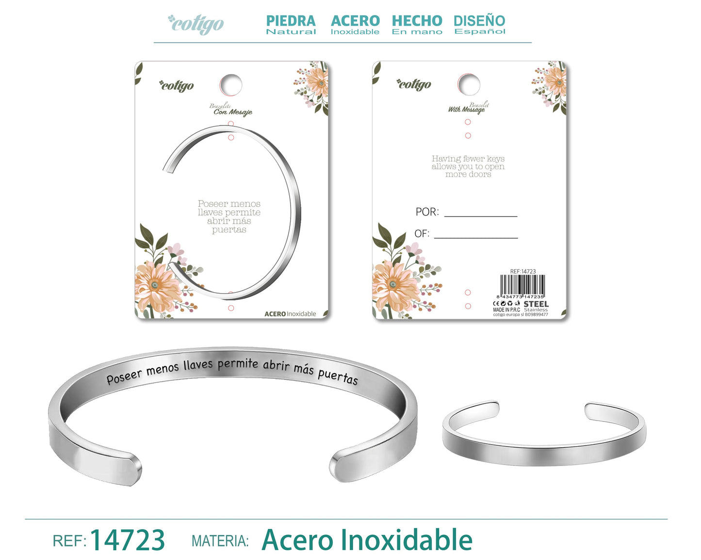 14723-Pulseira de aço com mensagem em espanhol