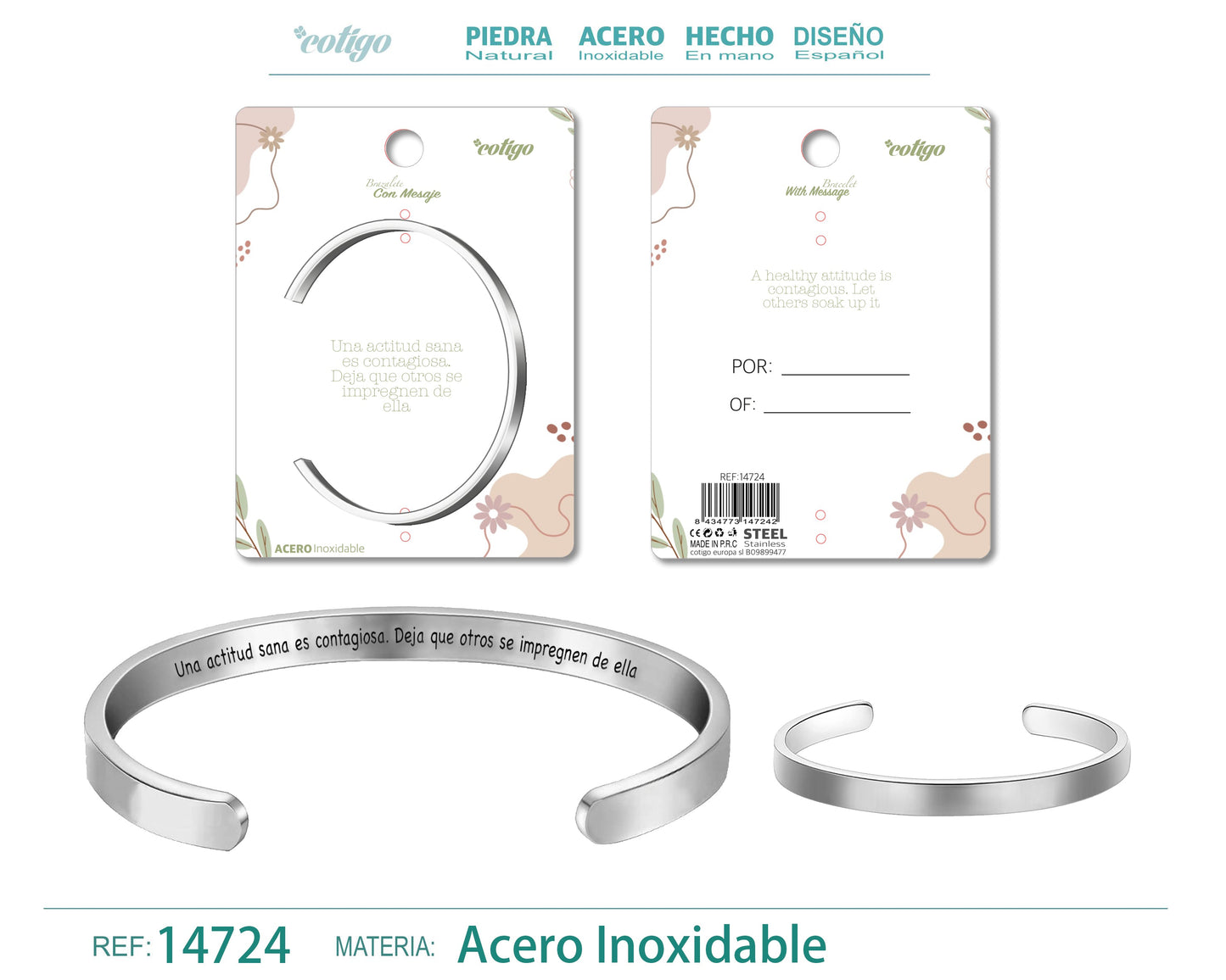 14724-Pulseira de aço com mensagem em espanhol