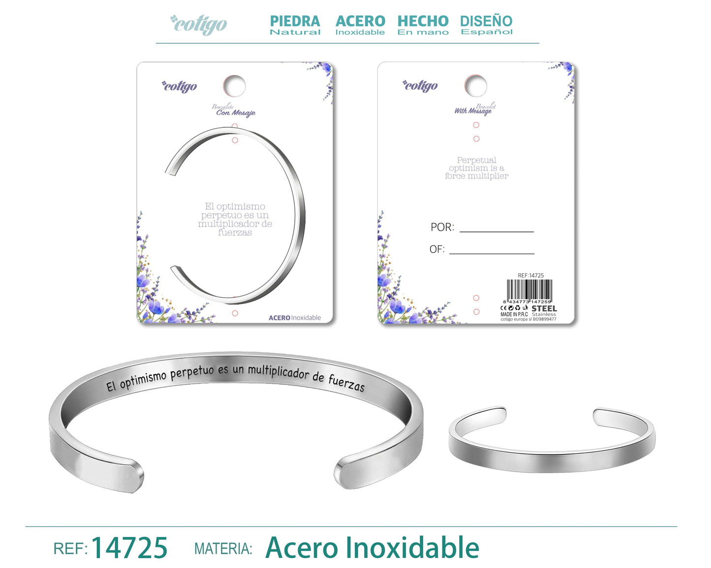 14725-Pulseira de aço com mensagem em espanhol