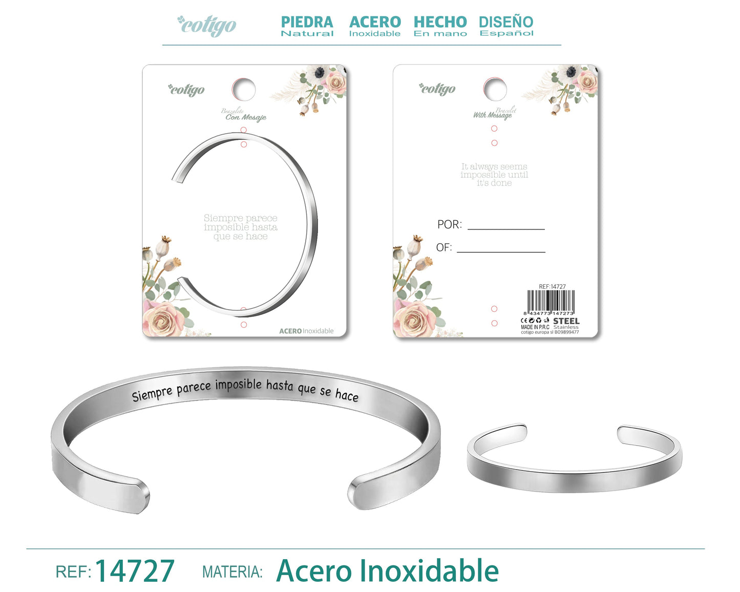 14727-Pulseira de aço com mensagem em espanhol
