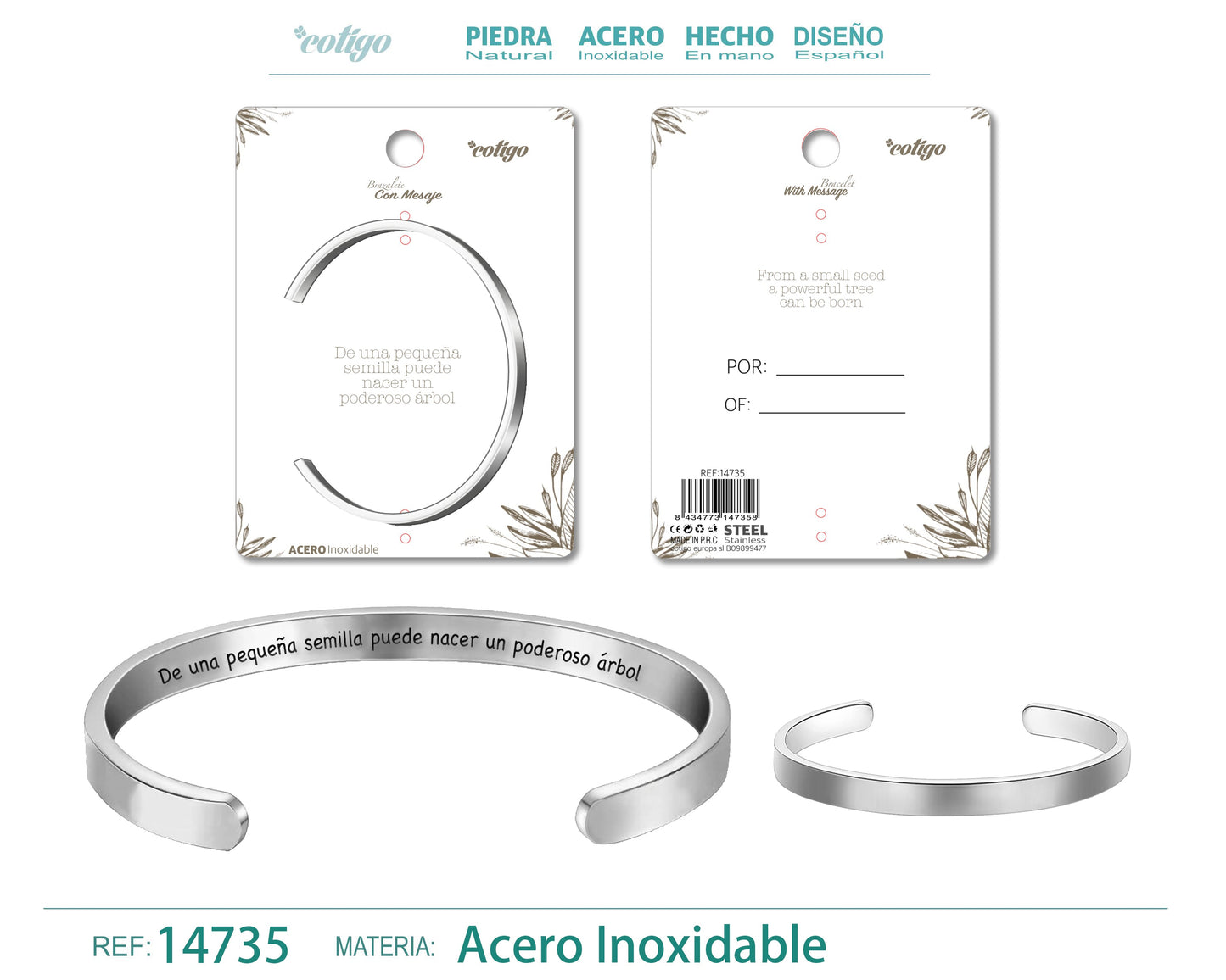 14735-Brazalete Acero con Mensaje Español
