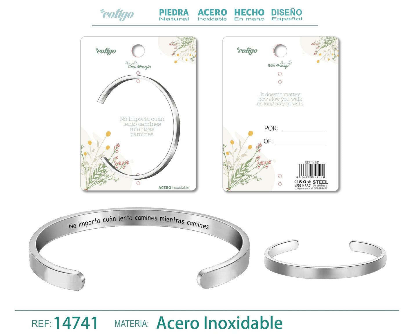 14741-Pulseira de aço com mensagem em espanhol