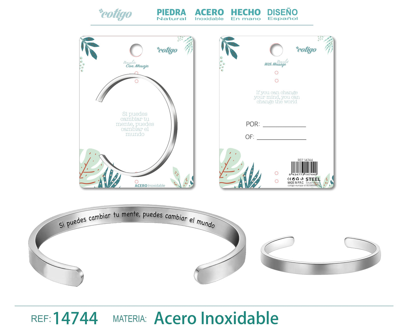 14744-Pulseira de aço com mensagem em espanhol