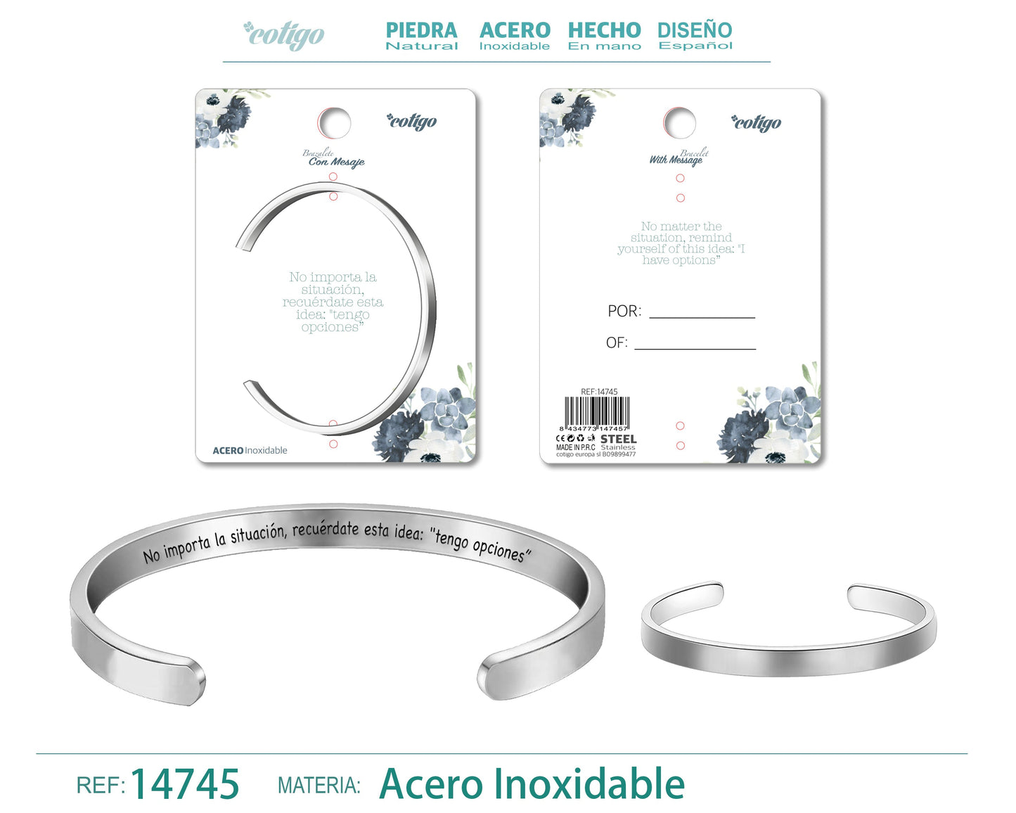 14745-Pulseira de aço com mensagem em espanhol