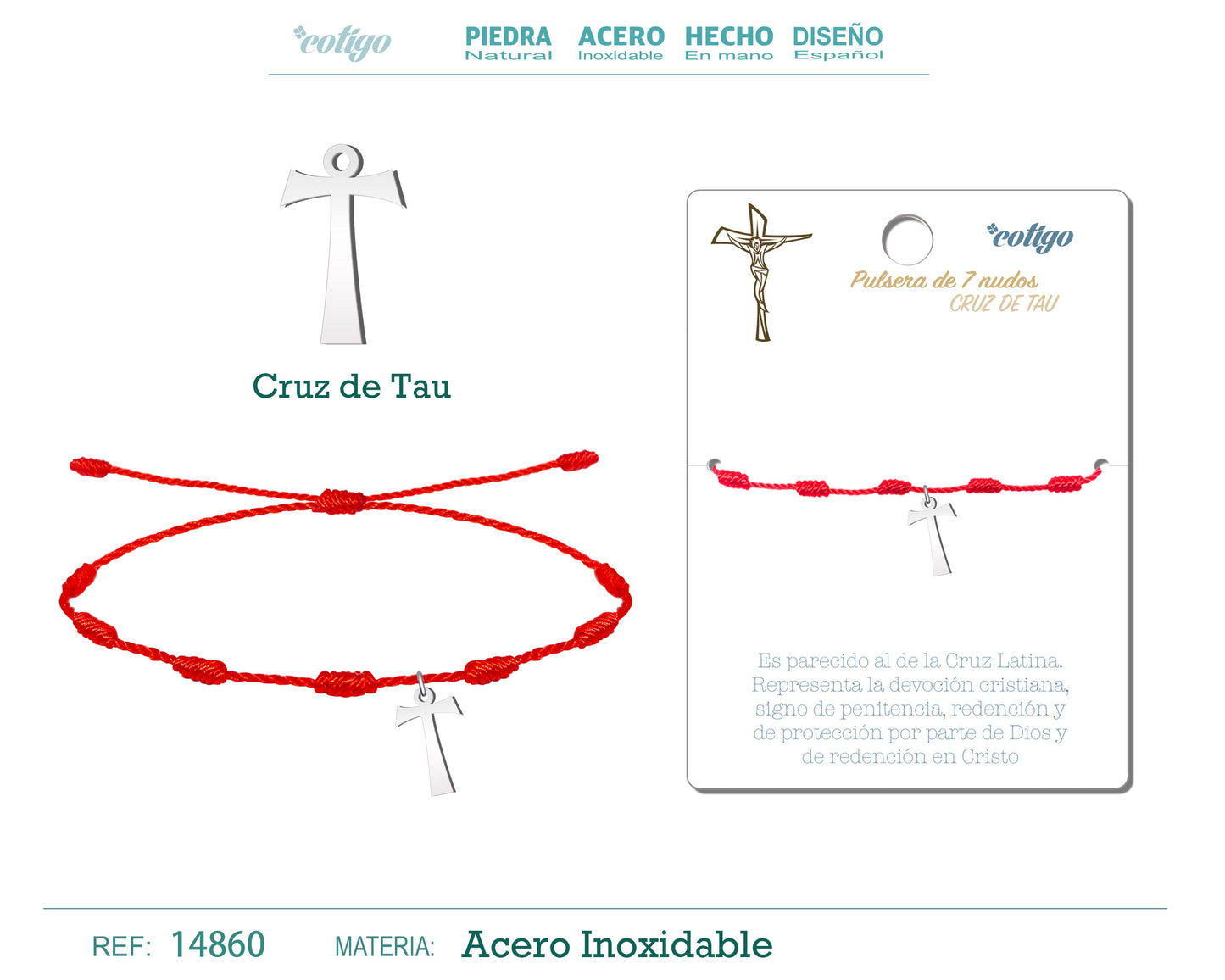 Pulsera 7 Nudos con Cruz de Tau color Plateado