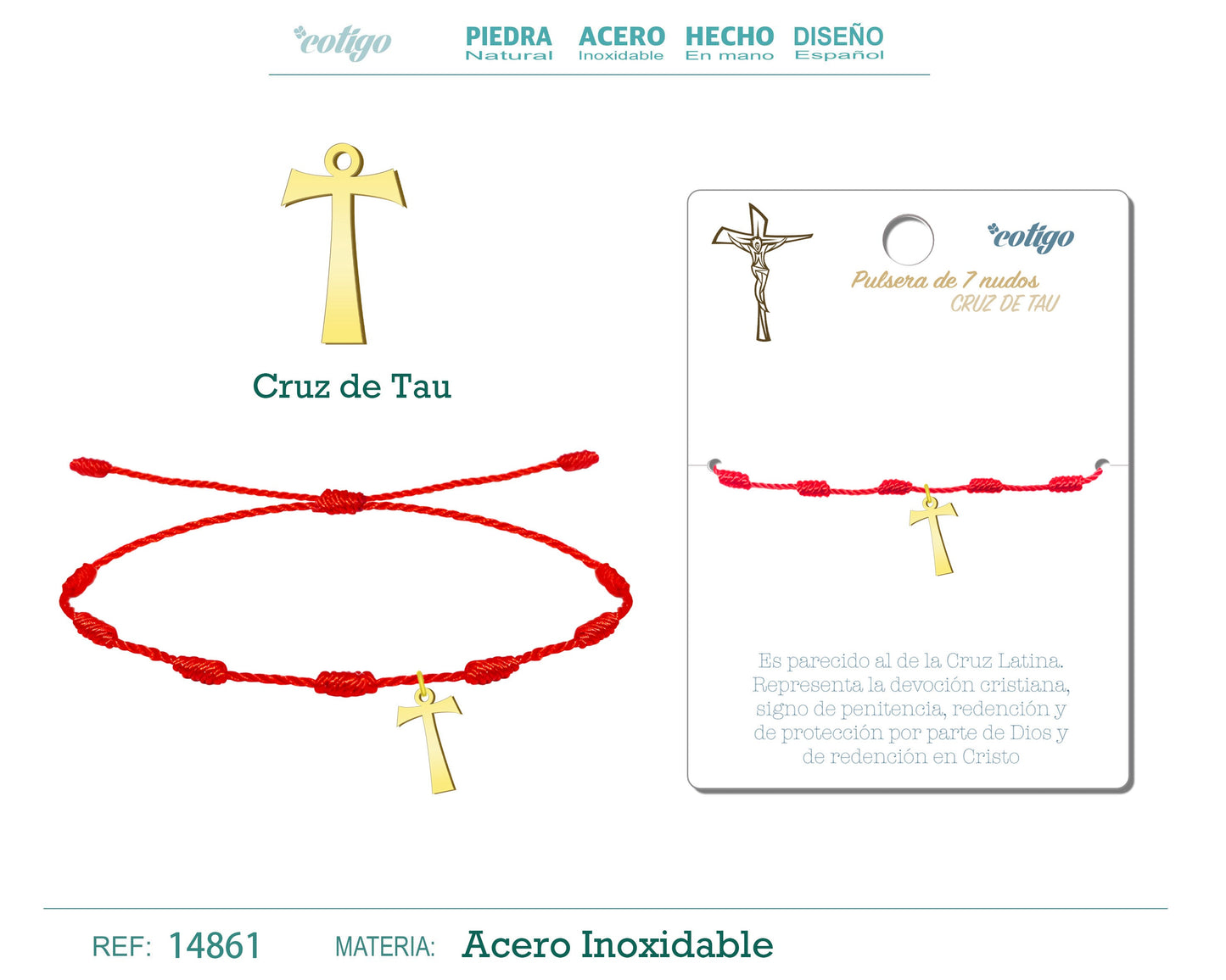 Pulsera 7 Nudos con Cruz de Tau color Dorado