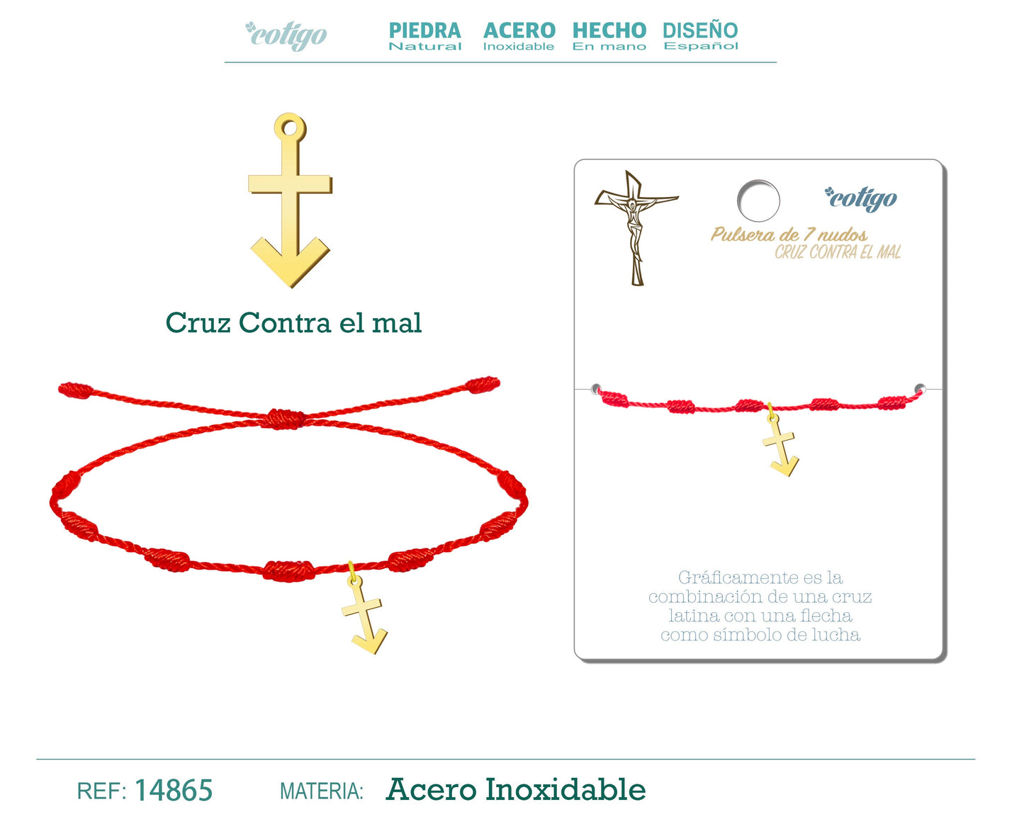 Pulsera 7 Nudos con Cruz Contra el mal color Dorado