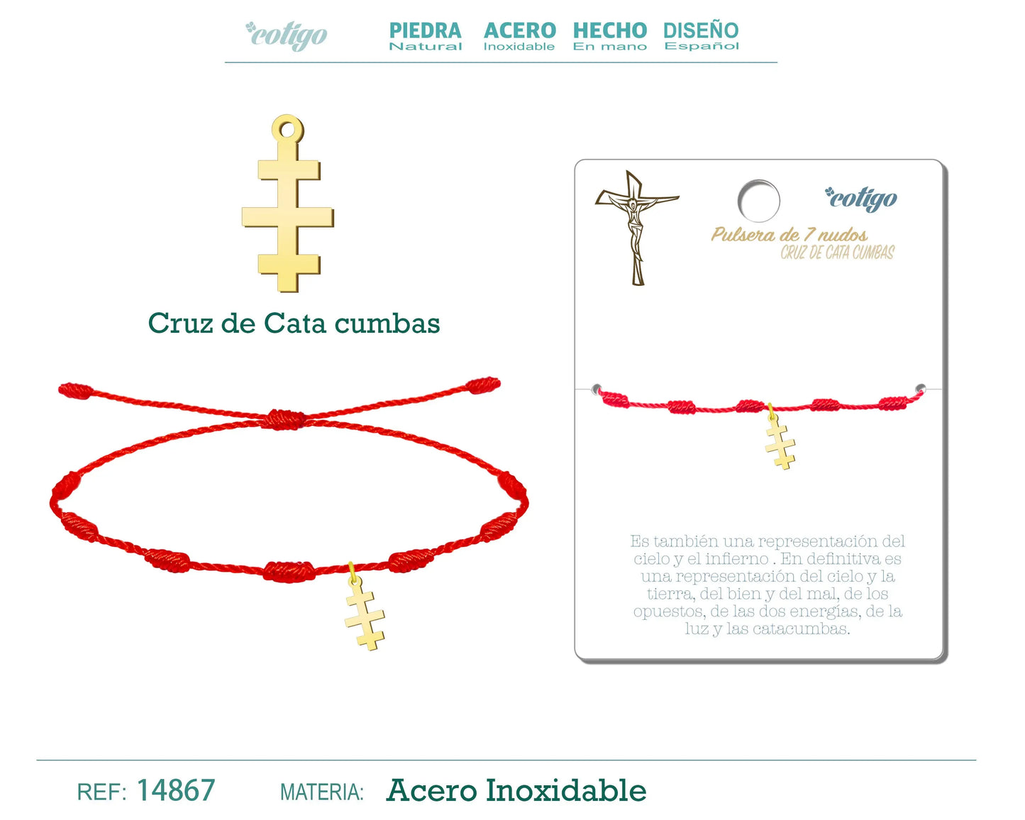 Pulsera 7 Nudos con Cruz de las Catacumbas color Dorado - cotigo