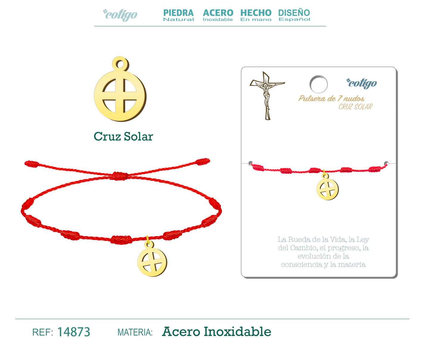 Pulsera 7 Nudos con Cruz Solar color Dorado
