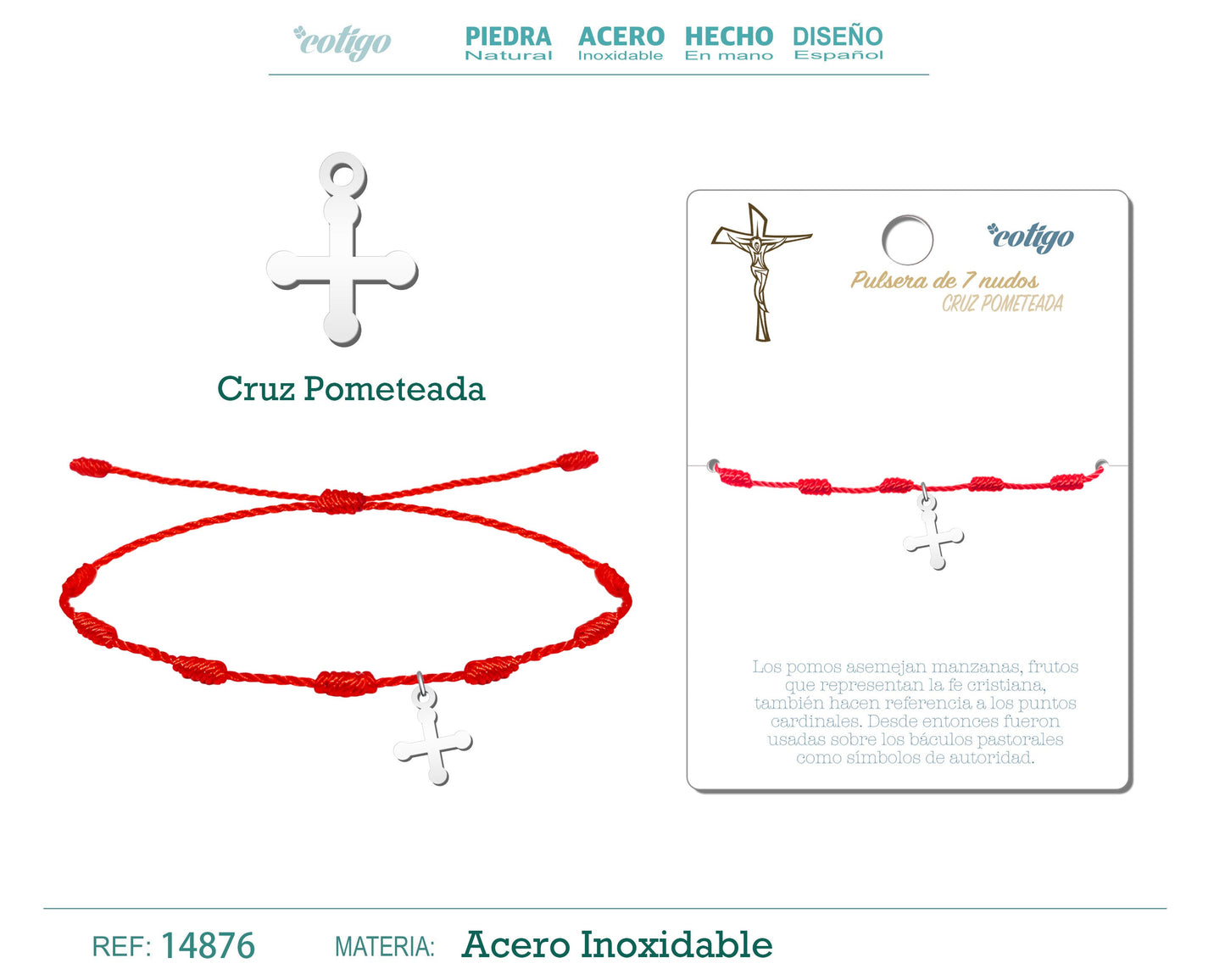 Pulsera 7 Nudos con Cruz Pometeada color Plateado