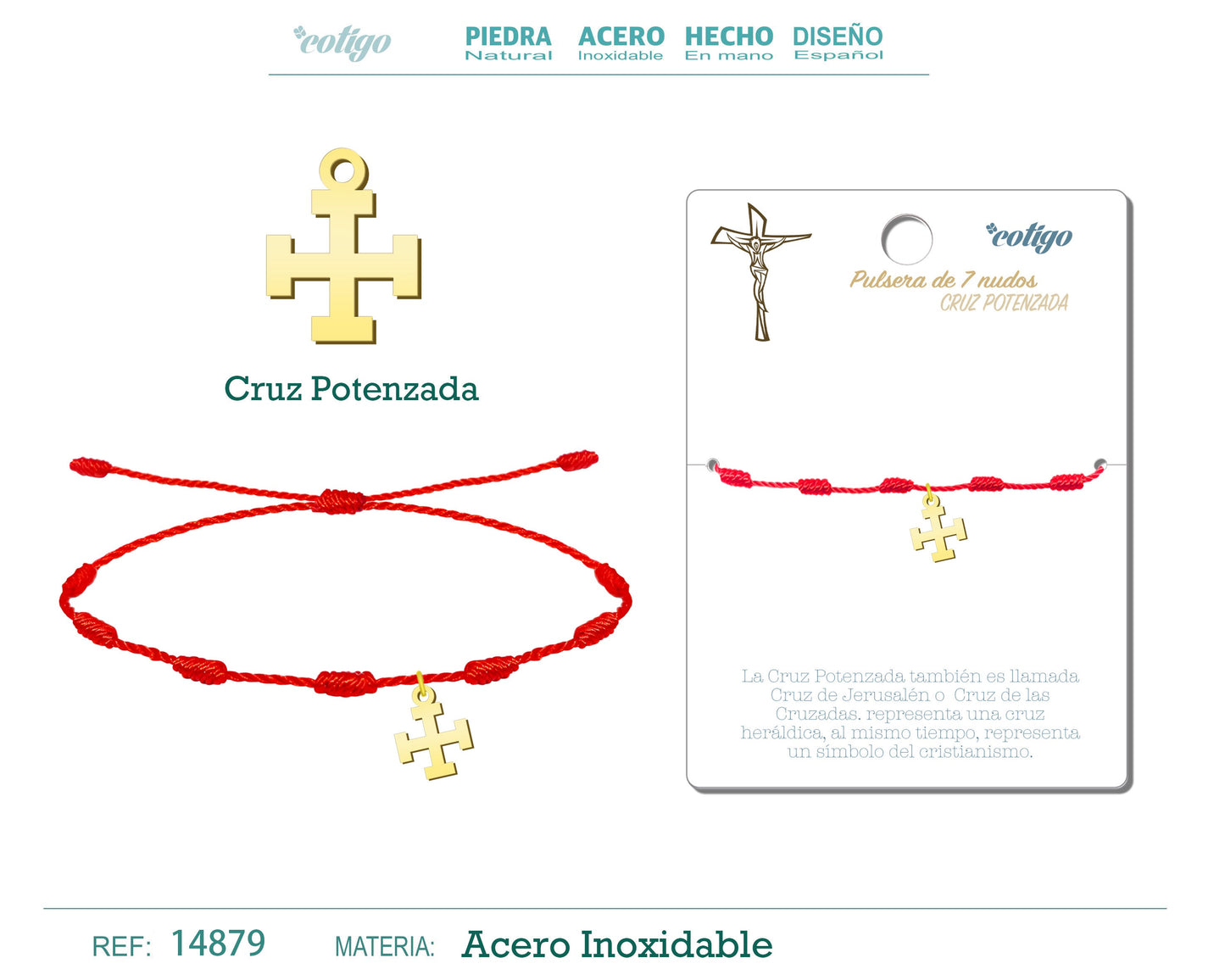 Pulsera 7 Nudos con Cruz Potenzada color Dorado