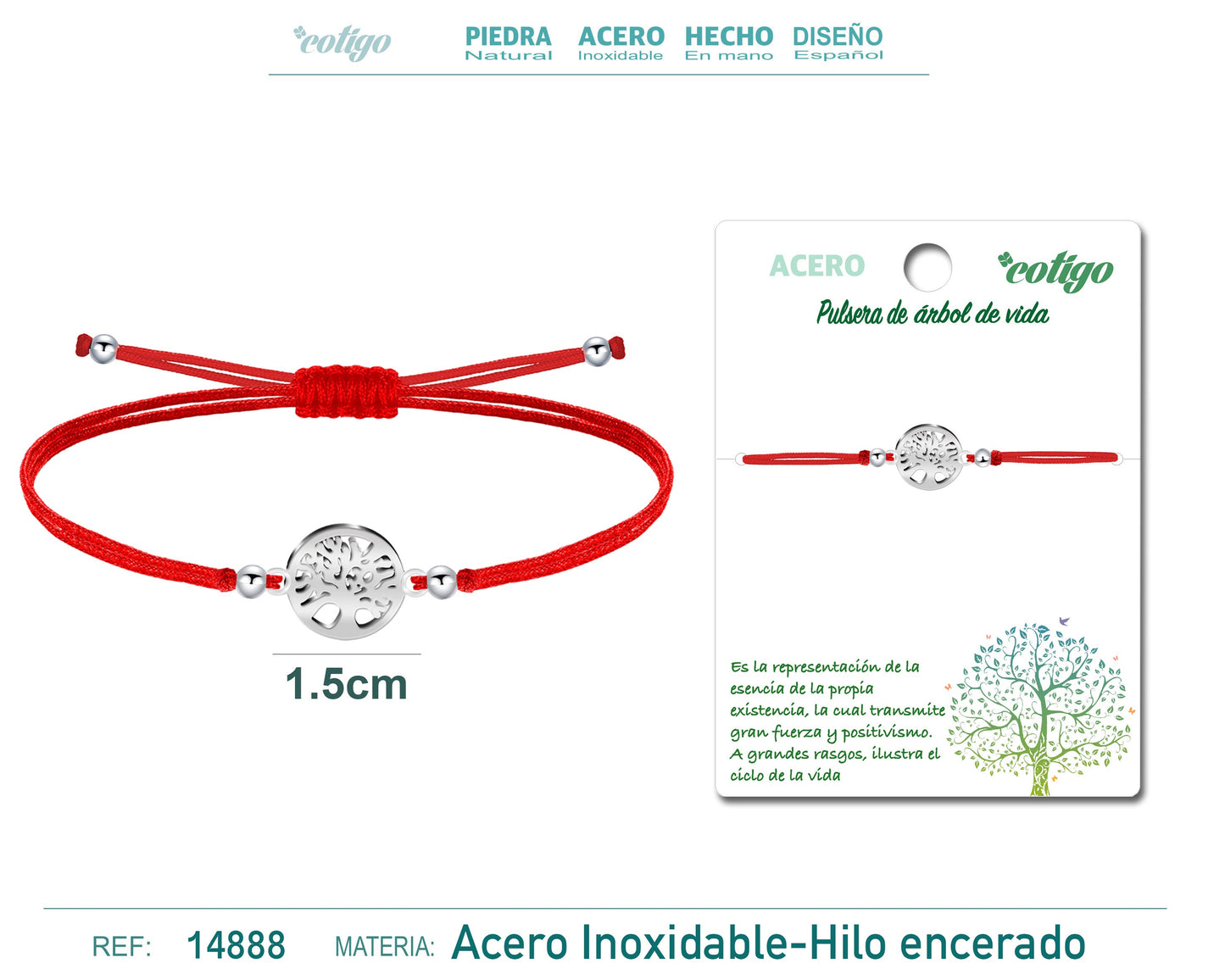 Pulsera Hilo encerado Rojo-Arbol de Vida Plateado