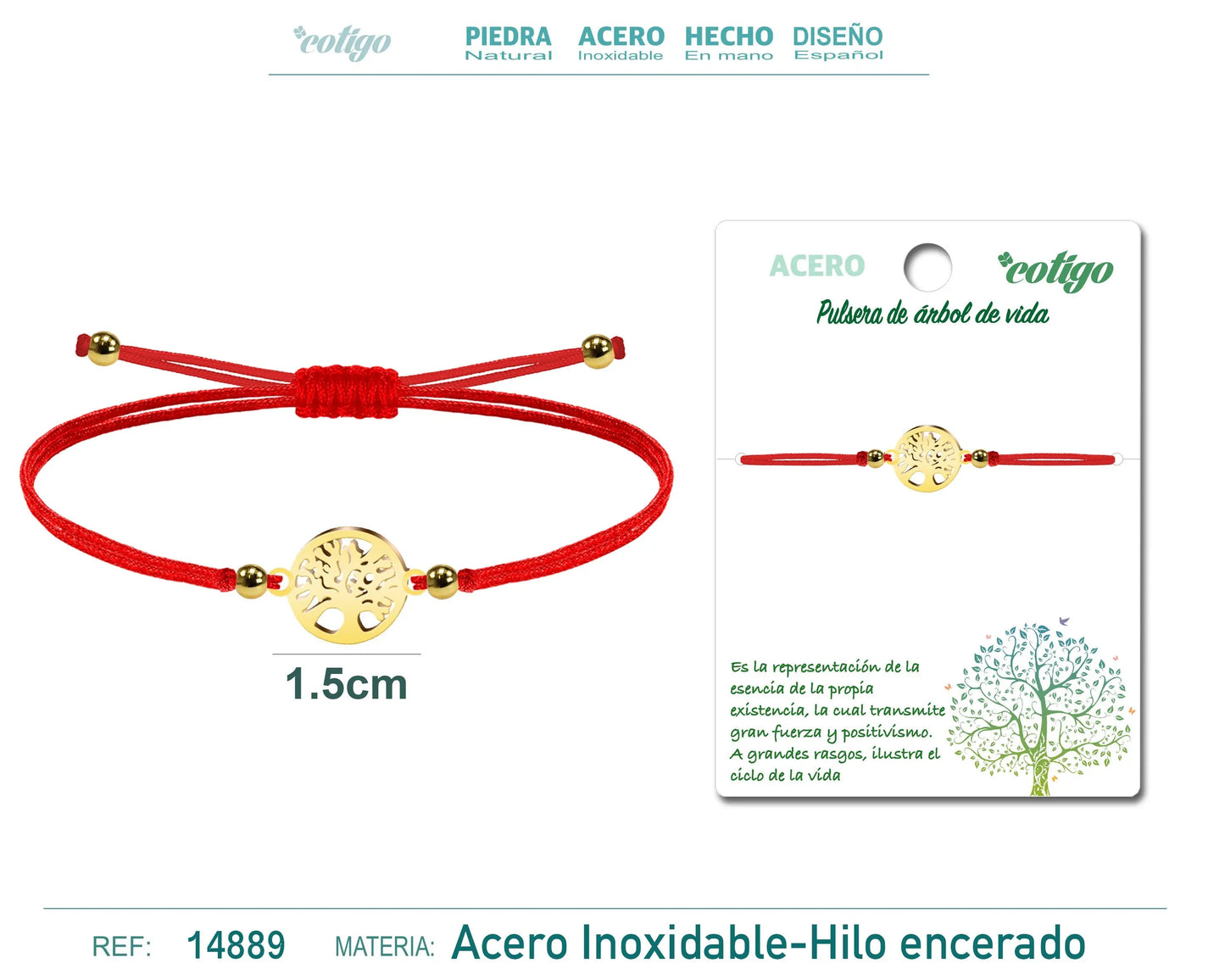 Pulsera Hilo encerado Rojo-Arbol de Vida Dorado - cotigo
